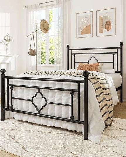 Allewie Twin Size Metal Platform Bed Frame with Victorian Vintage Headboard and Footboard/Mattress Foundation/Under Bed Storage/No Box Spring Needed/Noise-Free/Easy Assembly, Black - LeafyLoom