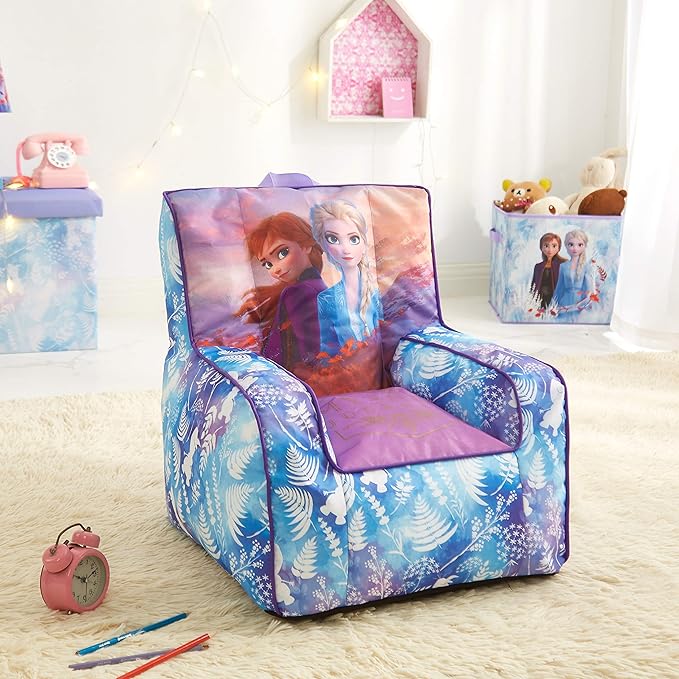 Idea Nuova Frozen 2 Kids Nylon Bean Bag Chair with Piping & Top Carry Handle with Olaf Graphics, Anna & Elsa, Purple, Large - LeafyLoom