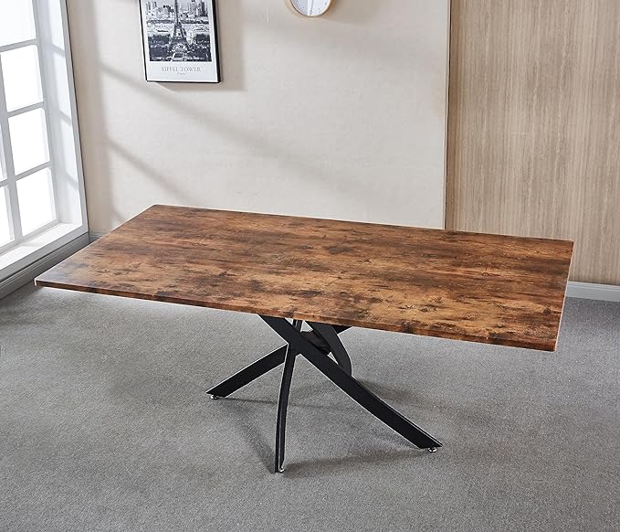 NicBex Dining Table Contemporary Kitchen Table Farmhouse Rustic Rectangle MDF Dining Table, Printed Walnut Table Top and Black Metal Base Rectangular Dining Table, Easy Assembly, Walnut - LeafyLoom