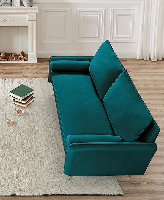 Kent Modern Sofa, European Style Velvet Living Room Furniture with Tapered Legs, Vintage Flair, and Sleek Design, Greenish Blue - LeafyLoom