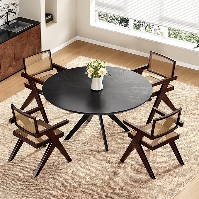 Soohow 47.2'' Solid Wood Round Dining Table for 4-6 People,Kitchen Table Round Wood Dining Table with Intersecting Pedestal Base,Black - LeafyLoom