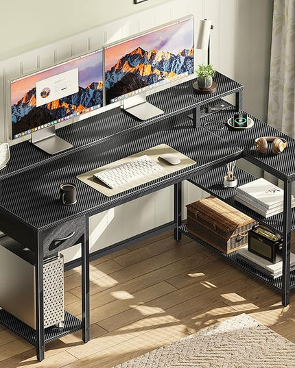 SUPERJARE 53 inch Reversible L Shaped Desk with LED Lights & Power Outlets, Computer Desk with Shelves & Monitor Stand, Gaming Desk with Drawer, Home Office Desk Corner Desk, Carbon Fiber Black - LeafyLoom
