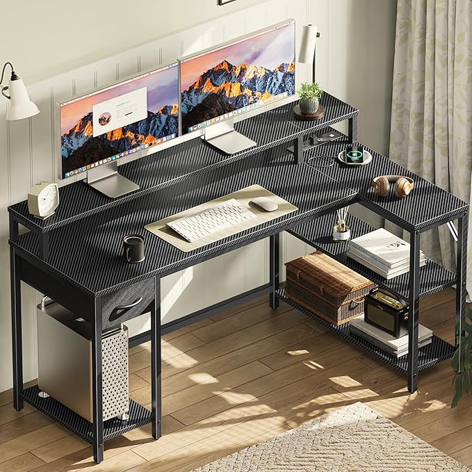 SUPERJARE 53 inch Reversible L Shaped Desk with LED Lights & Power Outlets, Computer Desk with Shelves & Monitor Stand, Gaming Desk with Drawer, Home Office Desk Corner Desk, Carbon Fiber Black - LeafyLoom