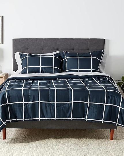 Amazon Basics Lightweight Microfiber Bed-in-a-Bag Comforter 7-Piece Bedding Set, Full/Queen, Navy with Grey Plaid - LeafyLoom