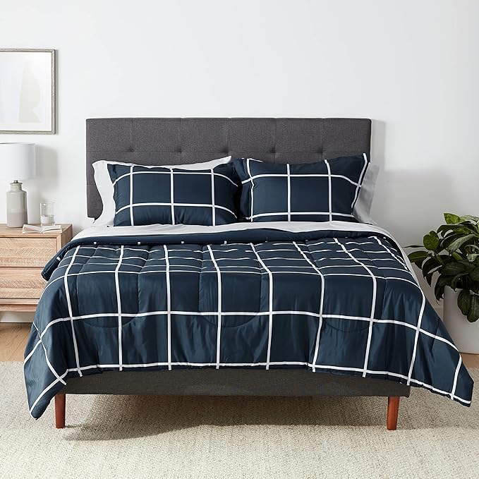 Amazon Basics Lightweight Microfiber Bed-in-a-Bag Comforter 7-Piece Bedding Set, Full/Queen, Navy with Grey Plaid - LeafyLoom