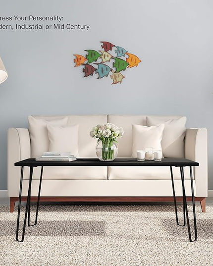 Lavish Home Coffee Table with Hairpin Legs - Modern Industrial Style Home Decor - Woodgrain-Look and Steel Accent Living Room Furniture (Black) - LeafyLoom