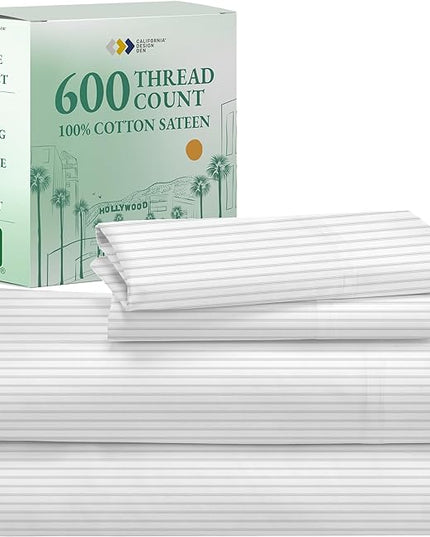 California Design Den California King Sheet Set - 100% Cotton, 600 Thread Count Deep Pocket, Luxury Soft Sateen Hotel-Quality Cal King Sheet Set - Ticking Stripe Pattern - LeafyLoom