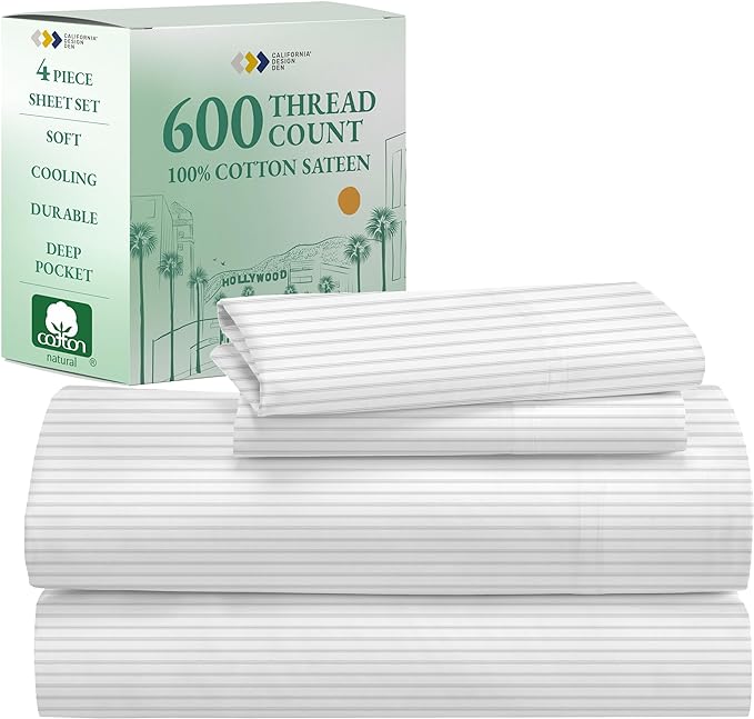 California Design Den Luxury King Size Sheet Set - 100% Cotton, 600 Thread Count Deep Pocket King Sheets, Hotel-Quality Bedding with Sateen Weave - Ticking Stripe Pattern - LeafyLoom