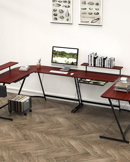 SHW Vista L-Shape Desk with Monitor Stand, Cherry - LeafyLoom