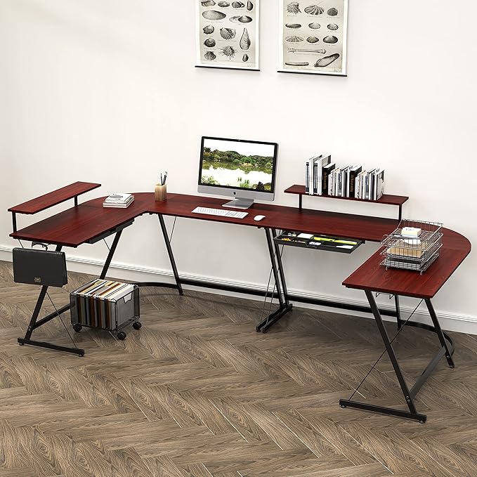 SHW Vista L-Shape Desk with Monitor Stand, Cherry - LeafyLoom