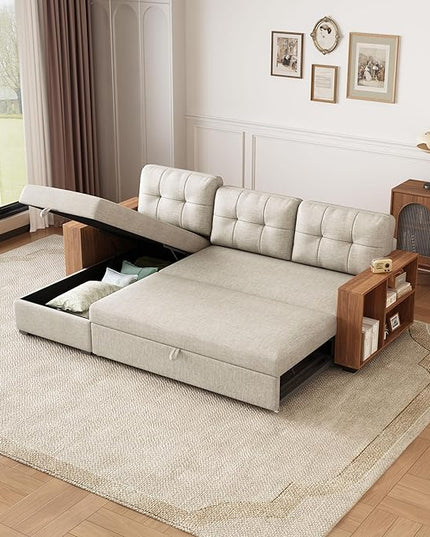 Convertible L Shaped Pull Out Couch with Storage Chaise and Wood Cabinet Armrests,Sectional Sleeper Sofa Bed W/ 3 Removable Back Cushions for Living Room,Office,Apartment,Beige,84" - LeafyLoom