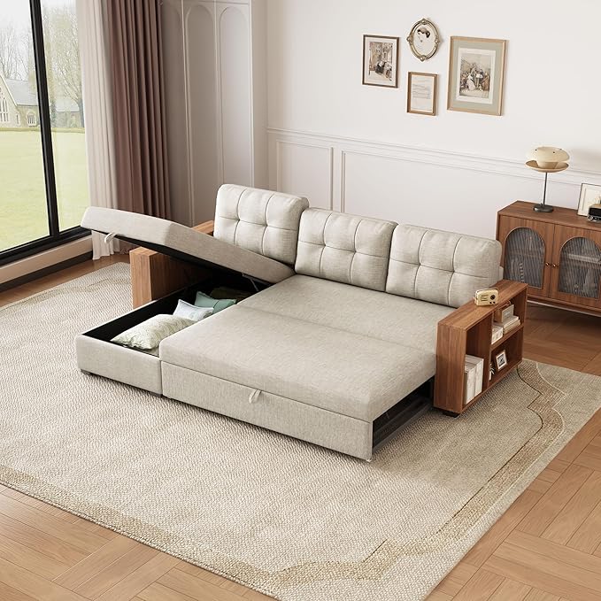Convertible L Shaped Pull Out Couch with Storage Chaise and Wood Cabinet Armrests,Sectional Sleeper Sofa Bed W/ 3 Removable Back Cushions for Living Room,Office,Apartment,Beige,84" - LeafyLoom
