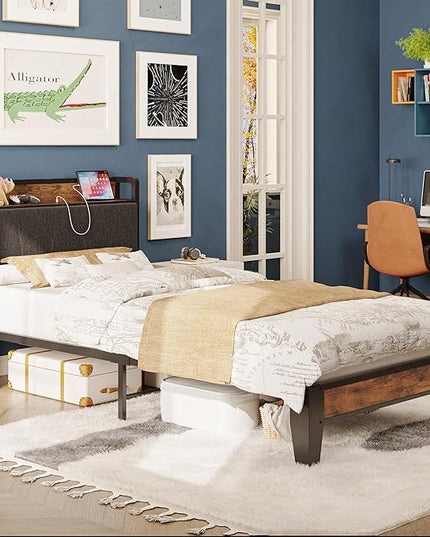 LIKIMIO Twin XL Bed Frames, Storage Headboard with Charging Station, Solid and Stable, Noise Free, No Box Spring Needed, Easy Assembly - LeafyLoom