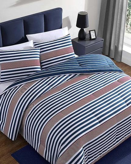 Nautica - Comforter Set, Soft Reversible Bedding with Matching Sham, Striped Home Decor, Dorm Room Essentials (Kennedy Stripe Navy Blue, Twin/Twin XL) - LeafyLoom