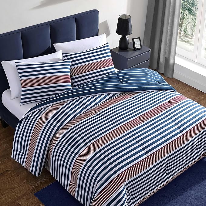 Nautica - Comforter Set, Soft Reversible Bedding with Matching Sham, Striped Home Decor, Dorm Room Essentials (Kennedy Stripe Navy Blue, Twin/Twin XL) - LeafyLoom