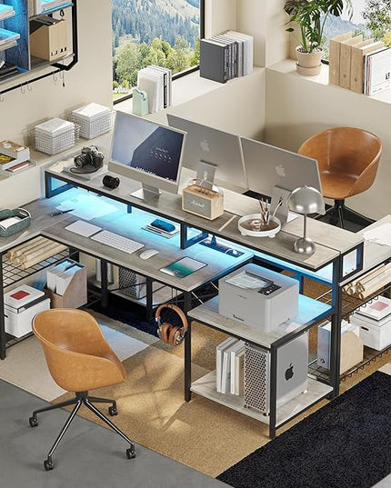 Bestier 71.5 inch Computer Desk with Power Outlets, LED Home Office Desk with Long Monitor Stand, Large Corner Desk with Storage Shelf, Cup Holder & Headset Hooks L Shaped Desk - LeafyLoom