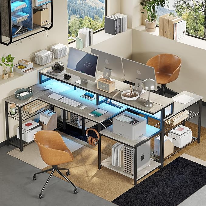 Bestier 71.5 inch Computer Desk with Power Outlets, LED Home Office Desk with Long Monitor Stand, Large Corner Desk with Storage Shelf, Cup Holder & Headset Hooks L Shaped Desk - LeafyLoom