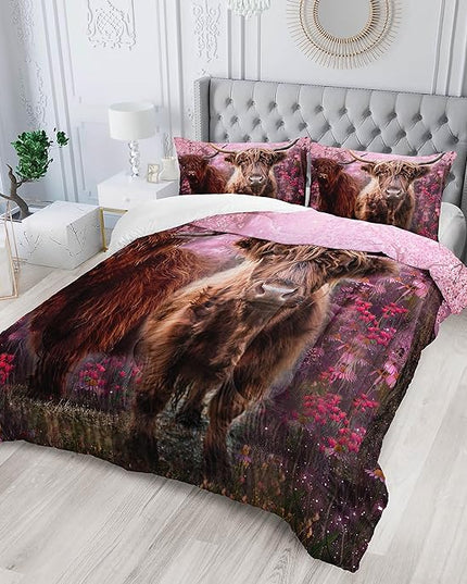 Cow Print Comforter Set Full Size Cherry Blossoms Cow Bedding Set Farmhouse Animals Quilt Bed Set with 1 Comforter and 2 Pillowcases - LeafyLoom