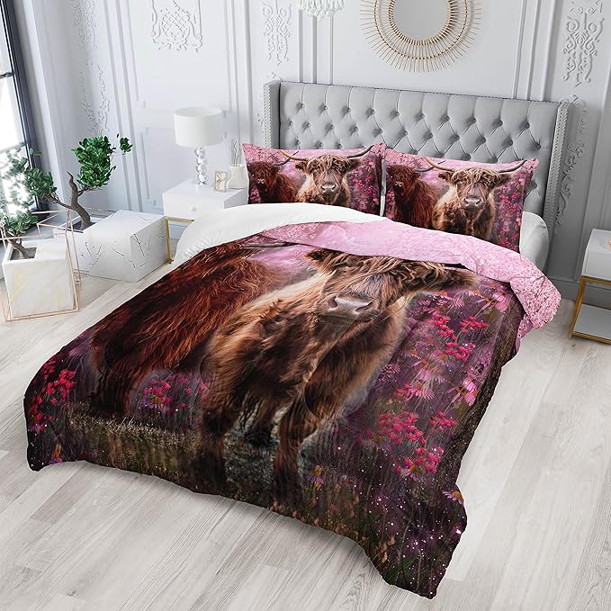 Cow Print Comforter Set Full Size Cherry Blossoms Cow Bedding Set Farmhouse Animals Quilt Bed Set with 1 Comforter and 2 Pillowcases - LeafyLoom