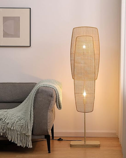 Amud - Floor Lamp, 2-Light with Bamboo Wicker Panels Wood Finish, Beige - LeafyLoom