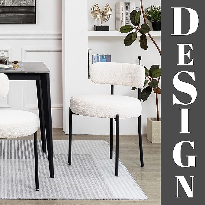 DYHOME Dining Chairs, White Boucle Dining Chairs Set of 2, Kitchen Dining Room Chairs Curved Backrest Upholstered Mid Century Modern Dining Chairs with Black Metal Legs - LeafyLoom