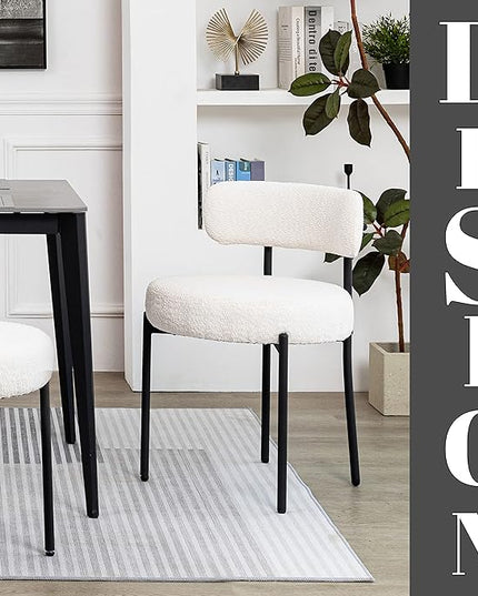 DYHOME Dining Chairs Set of 4, White Modern Upholstered Kitchen Dining Room Chairs, Boucle Dining Chairs Curved Backrest, Mid Century Kitchen Chairs with Black Metal Legs - LeafyLoom