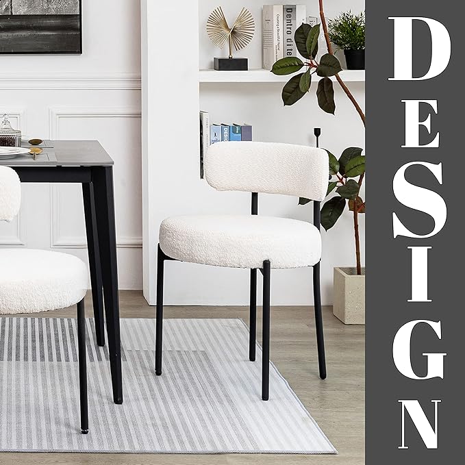 DYHOME Dining Chairs Set of 4, White Modern Upholstered Kitchen Dining Room Chairs, Boucle Dining Chairs Curved Backrest, Mid Century Kitchen Chairs with Black Metal Legs - LeafyLoom
