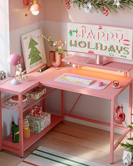 Bestier Gaming Desk with Power Outlets,42 LED Small Corner Computer Desk with Reversible Storage Shelves,L Shaped Desk with Hooks Workstation Desk for Office and Bedroom,Pink Carbon Fiber - LeafyLoom
