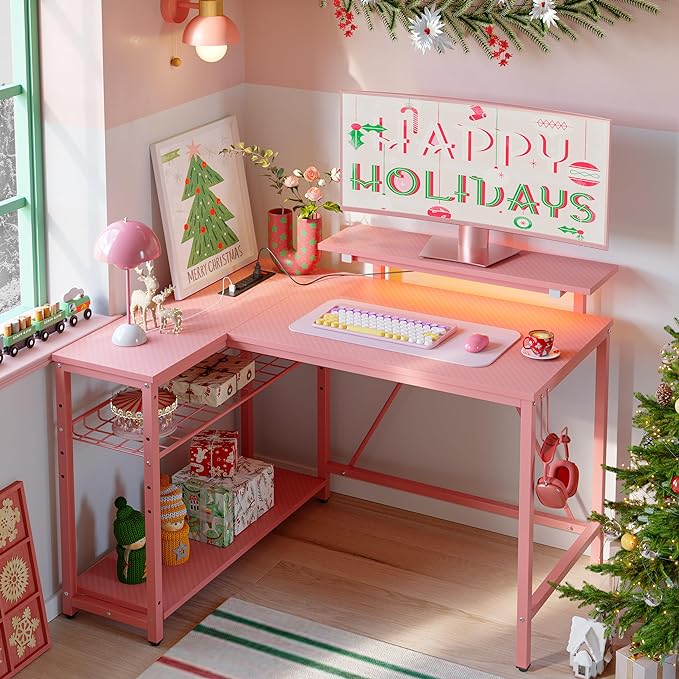Bestier Gaming Desk with Power Outlets,42 LED Small Corner Computer Desk with Reversible Storage Shelves,L Shaped Desk with Hooks Workstation Desk for Office and Bedroom,Pink Carbon Fiber - LeafyLoom