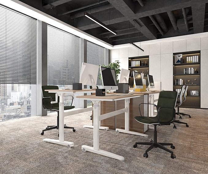 Manual Standing Desk Adjustable Height- Crank Mobile Standing Desk 48 x 24 Inches Sit Stand Desk Frame & Top, Stand Up Desk on Wheels, Computer Desk White Frame & Maple - LeafyLoom
