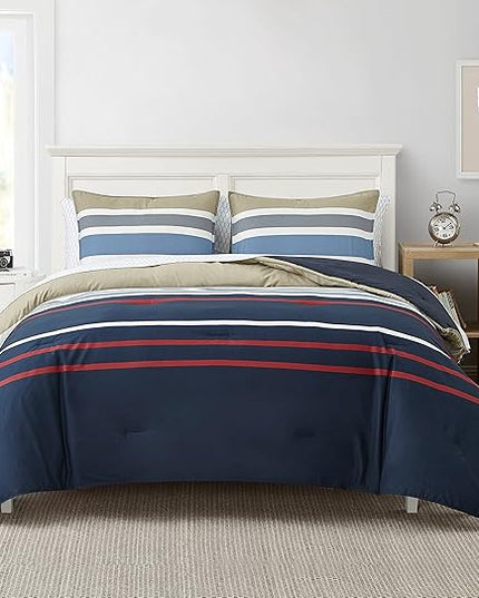 Nautica - King Size Comforter Set, Cotton Reversible Bedding with Matching Shams, Stylish Home Decor (Bradford Navy/Kahki, King) - LeafyLoom