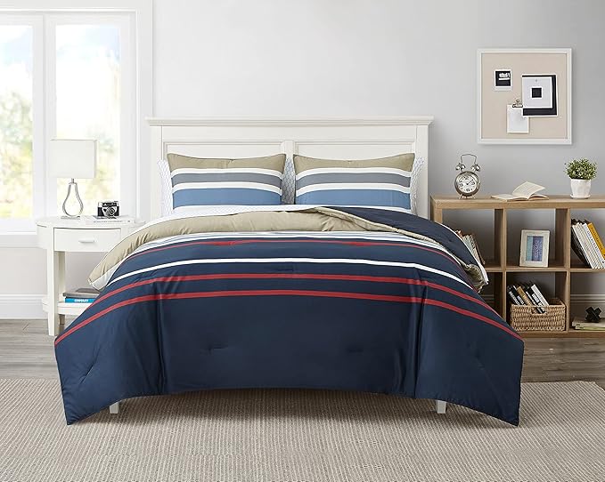 Nautica - Queen Comforter Set, Cotton Reversible Bedding with Matching Shams, Stylish Home Decor (Bradford Navy/Kahki, Queen) - LeafyLoom