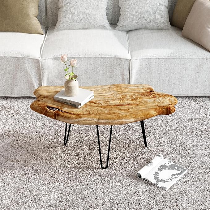 WELLAND Live Edge Cedar Wood Coffee Table Metal Hairpin Legs for Living Room - LeafyLoom