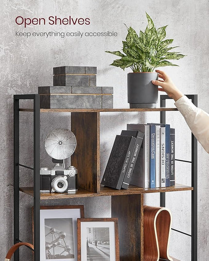 VASAGLE Bookshelf, 5-Tier Bookcase, Storage Shelving Unit, Display Shelf with Open Compartments for Living Room Home Office, Bedroom, Industrial, 11.8" D x 29.1" W x 59.1" H, Rustic Brown + Black - LeafyLoom