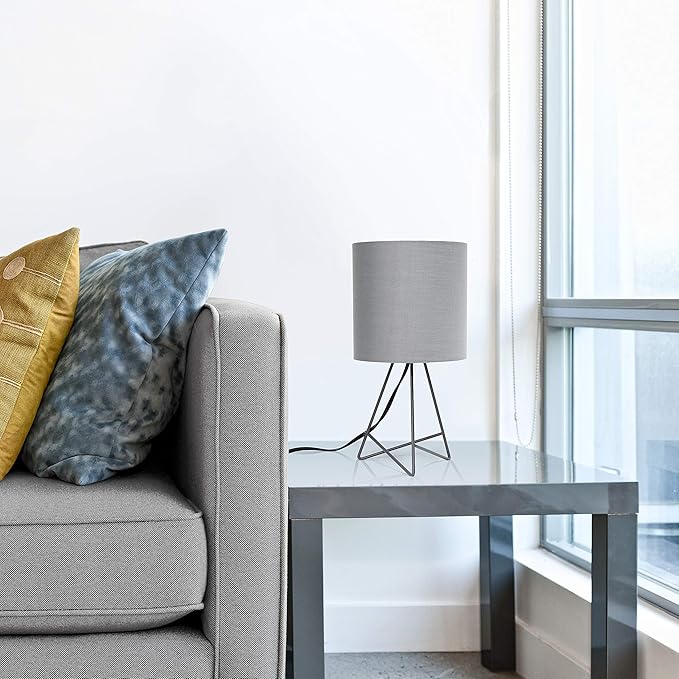 Simple Designs LT2066-GOG 14" Down to the Wire Metal Table Lamp with Fabric Shade, Gray with Gray Shade - LeafyLoom