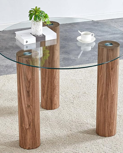 cosure 40" Glass Transparent Tempered Top,Round Dining-Table for 4 W/Wooden Legs Base,for Kitchen Living Room Gathering,in Walnut/Clear Finish - LeafyLoom
