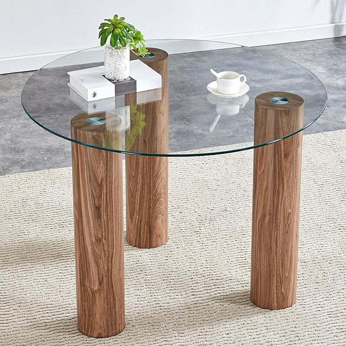 cosure 40" Glass Transparent Tempered Top,Round Dining-Table for 4 W/Wooden Legs Base,for Kitchen Living Room Gathering,in Walnut/Clear Finish - LeafyLoom