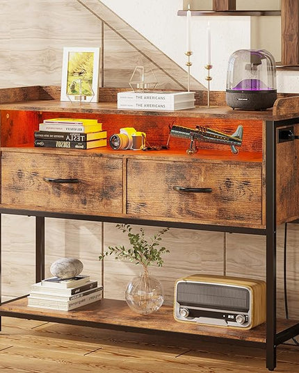 IRONCK Entryway Table with Power Outlet and LED Light, Console Table with 2 Fabric Drawers and Storage Shelves for Entryway, Living Room, Hallway, Vintage Brown - LeafyLoom