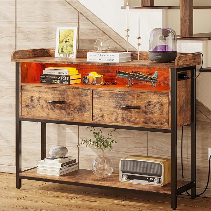IRONCK Entryway Table with Power Outlet and LED Light, Console Table with 2 Fabric Drawers and Storage Shelves for Entryway, Living Room, Hallway, Vintage Brown - LeafyLoom