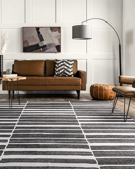 nuLOOM Henry Contemporary Striped Machine Washable Ultra Thin Area Rug, 5' x 8', Charcoal - LeafyLoom