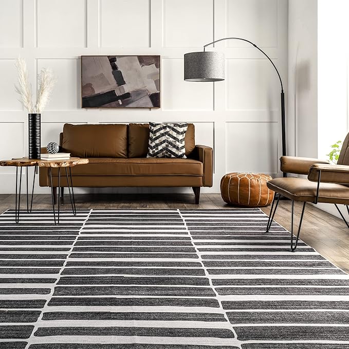 nuLOOM Henry Contemporary Striped Machine Washable Ultra Thin Area Rug, 8x10, Charcoal - LeafyLoom