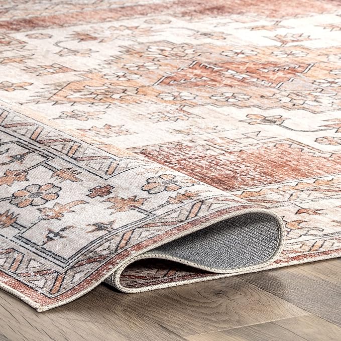 nuLOOM Dania Machine Washable Medallion Ultra Thin Area Rug, 4' x 6', Rust - LeafyLoom