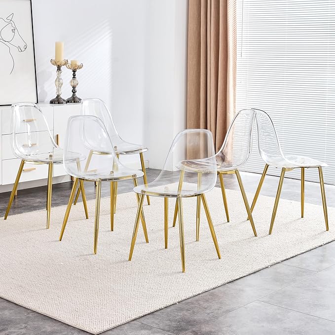 NicBex Dining Chairs Set of 6 Armless Crystal Clear Dining Chairs Modern Plastic Kitchen Chairs,Accent Ghost Chairs with Golden Metal Legs for Kitchen,Dining Room,Living Room,Transparent - LeafyLoom