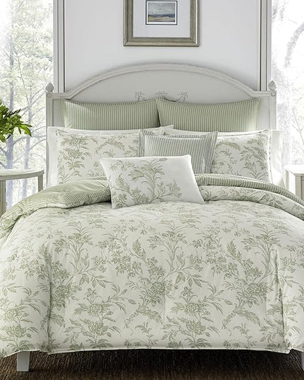 Laura Ashley Home - King Size Comforter Set, Reversible Cotton Bedding, Includes Matching Shams with Bonus Euro Shams & Throw Pillows (Natalie Sage/Off White, King) - LeafyLoom