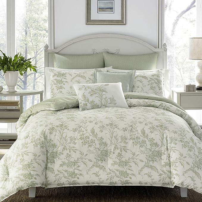Laura Ashley Home - King Size Comforter Set, Reversible Cotton Bedding, Includes Matching Shams with Bonus Euro Shams & Throw Pillows (Natalie Sage/Off White, King) - LeafyLoom