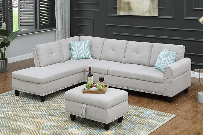 98" L-Shaped Sectional Couch with Storage Ottoman and Left Facing Chaise,Linen Upholstered Sofa with 2 Cup Holders and 2 Throw Pillows for Living Room,Light Gray - LeafyLoom