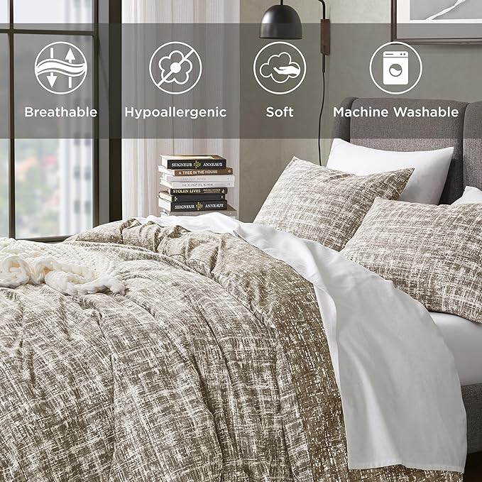 Hyde Lane Twin/Twin XL Kids Comforter Set, Taupe Boho Modern Aesthetic Bedding, Teen Boys Plaid Lines Pattern Bed Sets for All Season, 2 Pieces includes 1 Comforter, 1 Sham (66"x 90") - LeafyLoom