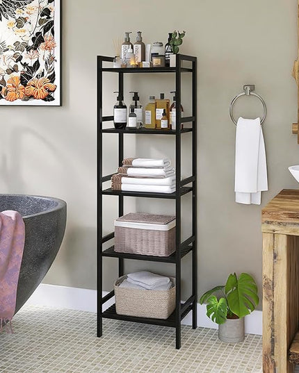 5 Tier Narrow Bookshelf, Bamboo Bookcase, Slim Tall Storage Rack Free Standing Shelving Unit with Adjustable Shelves for Living Room Bedroom Bathroom, Black - LeafyLoom
