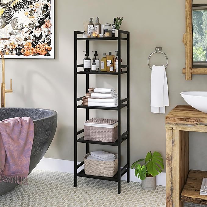 5 Tier Narrow Bookshelf, Bamboo Bookcase, Slim Tall Storage Rack Free Standing Shelving Unit with Adjustable Shelves for Living Room Bedroom Bathroom, Black - LeafyLoom