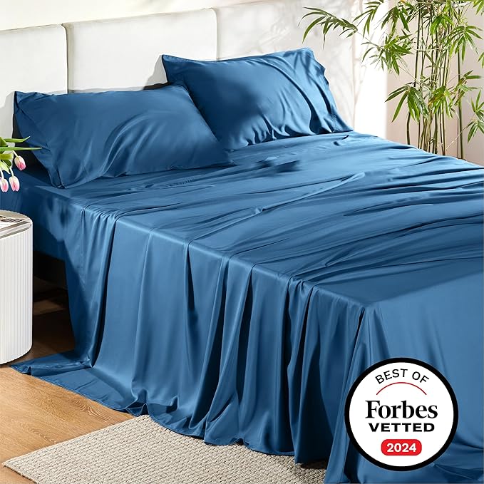 Bedsure King Size Sheet Set, Cooling Sheets King, Rayon Derived from Bamboo, Deep Pocket Up to 16", Breathable & Soft Bed Sheets, Hotel Luxury Silky Bedding Sheets & Pillowcases, Peacock Blue - LeafyLoom